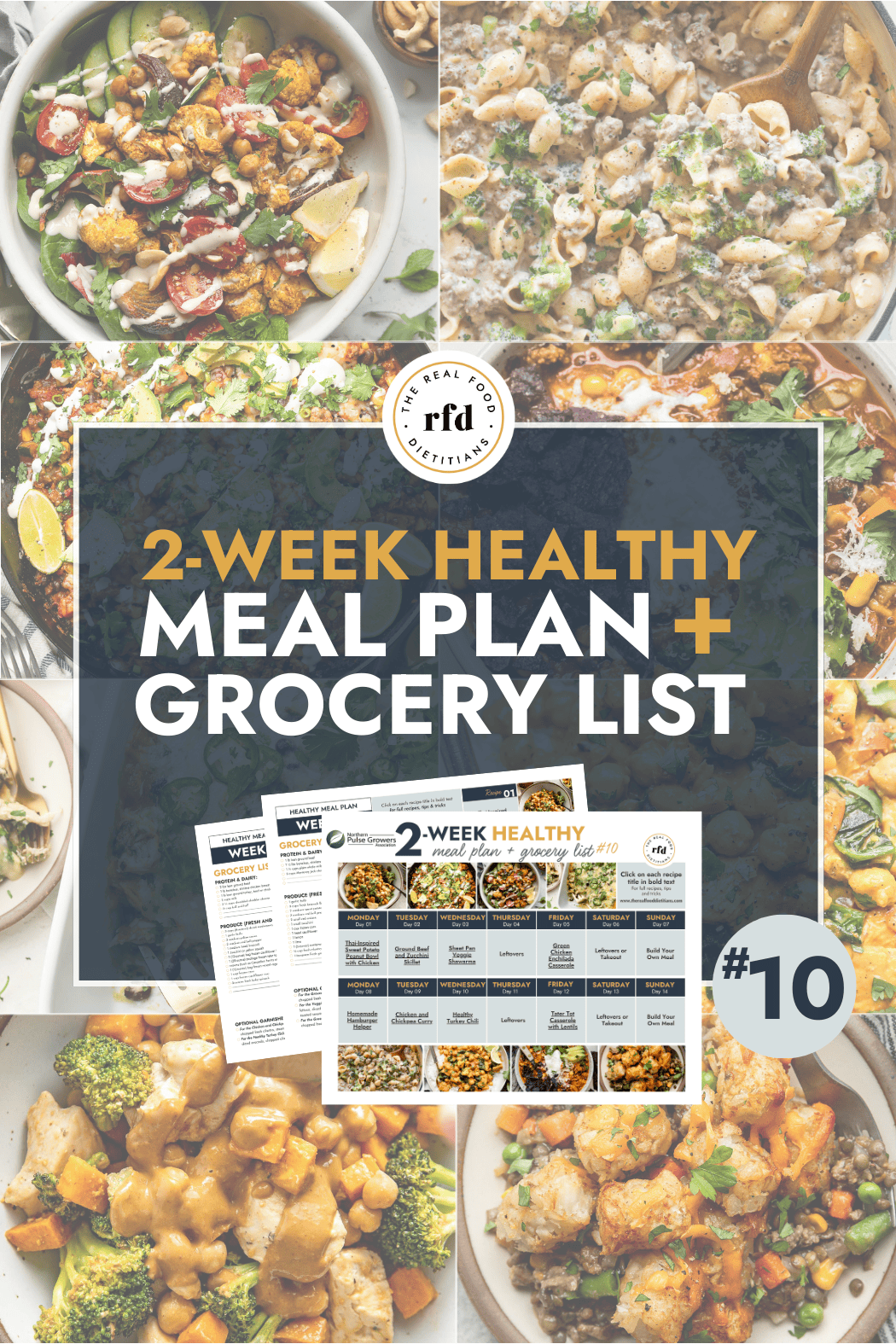 2 Week Healthy Meal Plan #10 with Grocery List showing several overhead views of the meals included. 