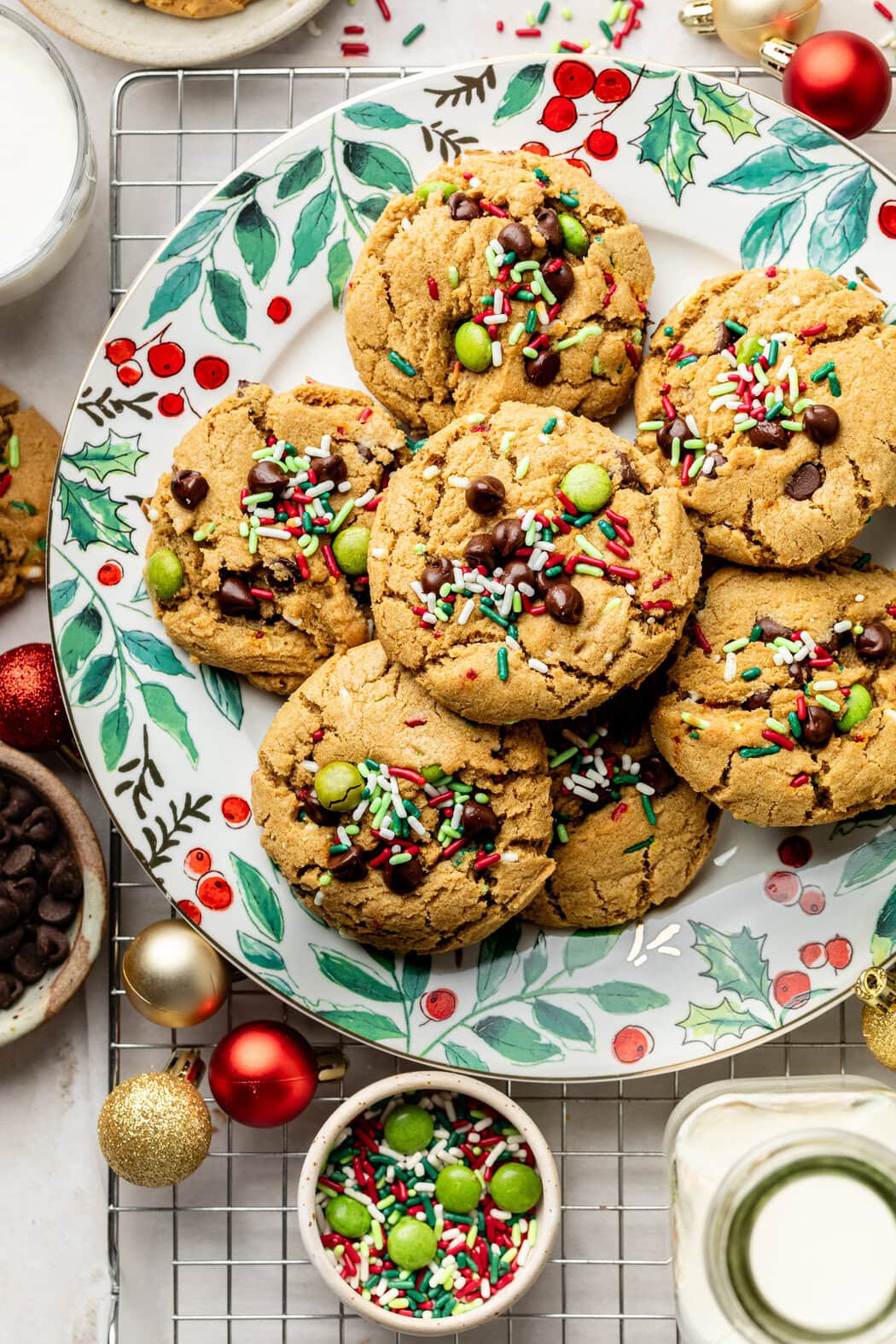 Close up view of a plate of Ana’s Christmas Cookies on a festive platter. 