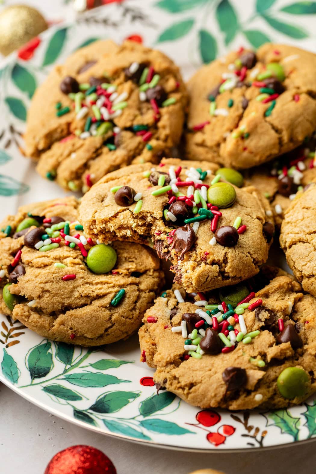 Close up view of one of Ana’s Christmas Cookies with a fresh bite out of it. 