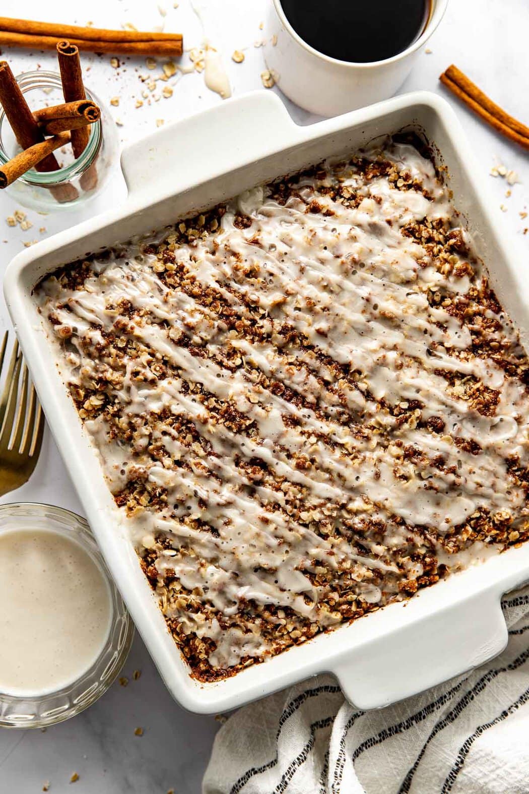 Overhead view of a freshly baked pan of Cinnamon Streusel-Topped Baked Oatmeal. 