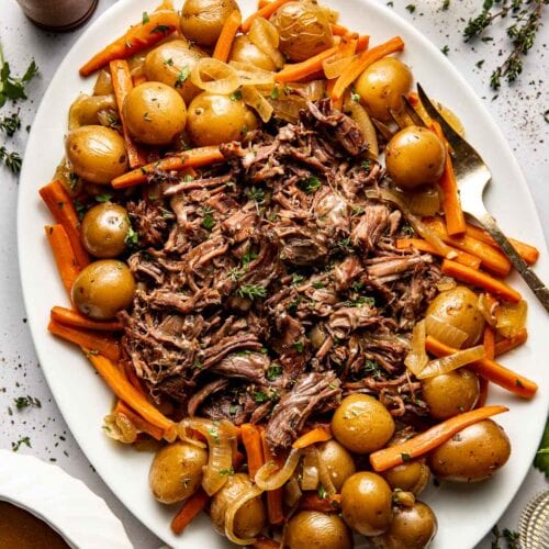 Overhead view of Slow Cooker Pot Roast on a platter