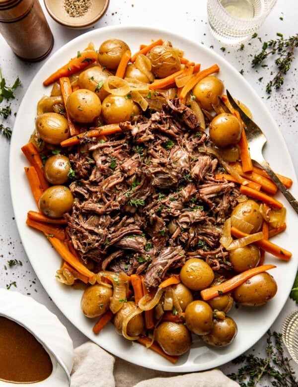 Overhead view of Slow Cooker Pot Roast on a platter