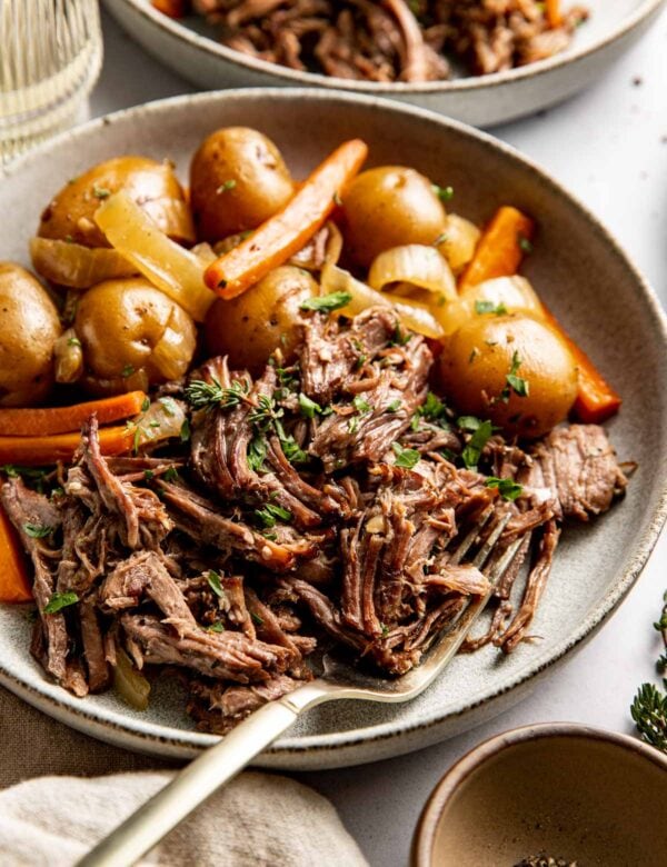 Side view of shallow bowl filled with serving of pot roast with baby potatoes and carrots