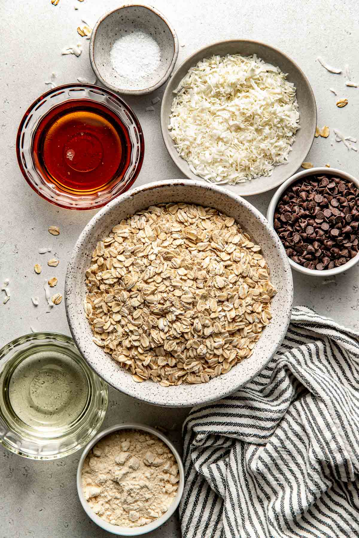 Overhead view of a variety of ingredients for Copycat Heavenly Hunks in different sized bowls. 