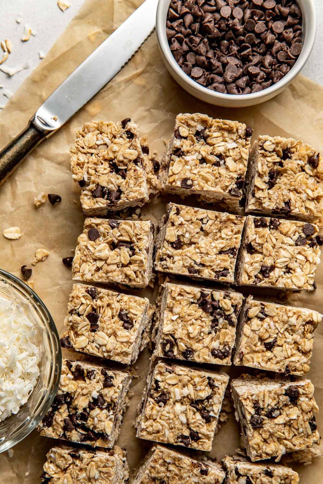 Overhead view of a freshly cut pan of Copycat Heavenly Hunks topped with mini chocolate chips and toasted coconut pieces. 