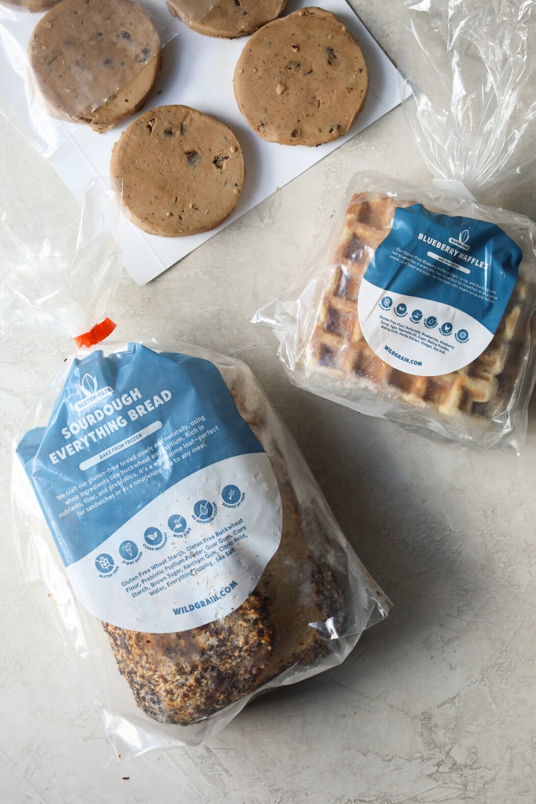 Overhead view of a variety of gluten-free sourdough products. 