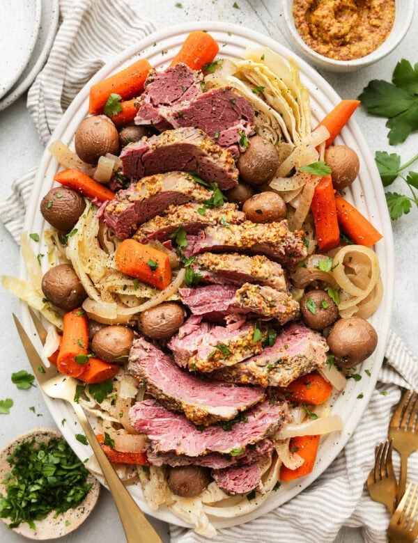 Overhead view corned beef and cabbage on a serving platter
