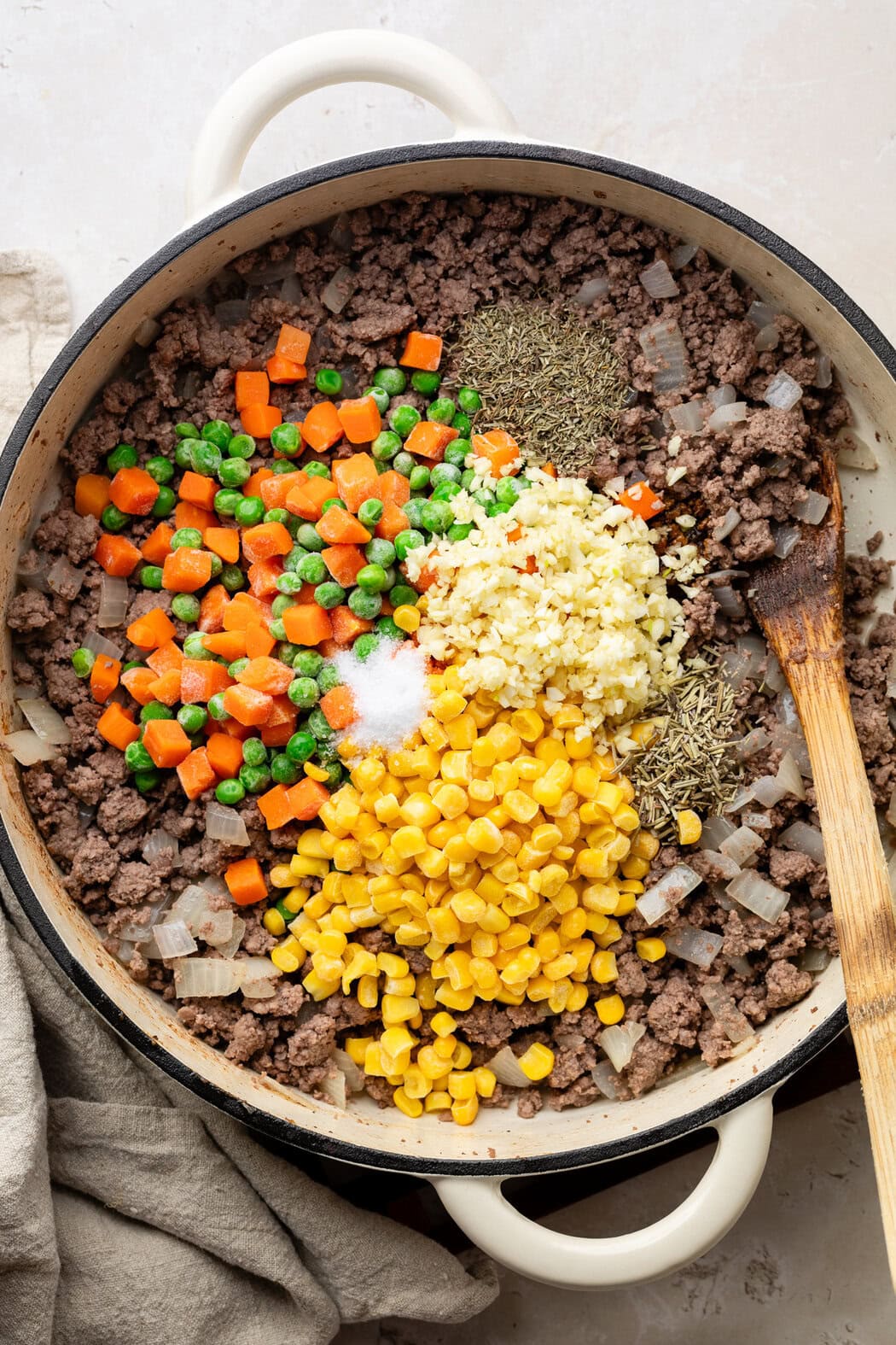 Overhead view of a skillet filled with Cottage Pie ingredients. 