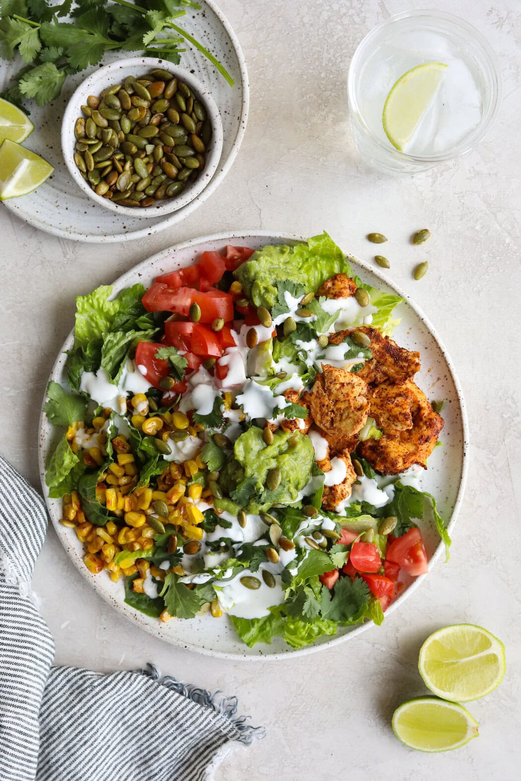 Overhead view of a freshly completed Marley Spoon meal on a white plate. 