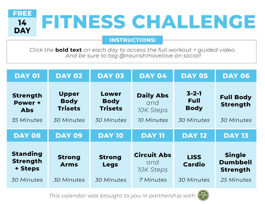 A 2-week fitness challenge schedule on a calendar