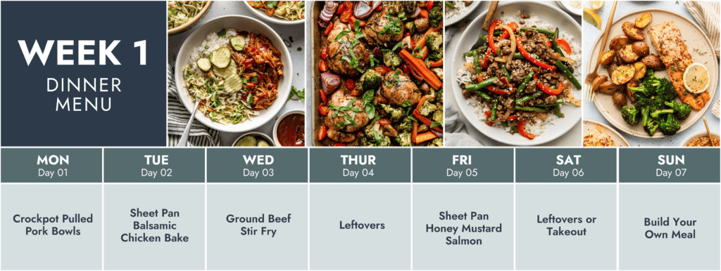 Images of healthy recipes and 1 week of meal plans on a calendar schedule