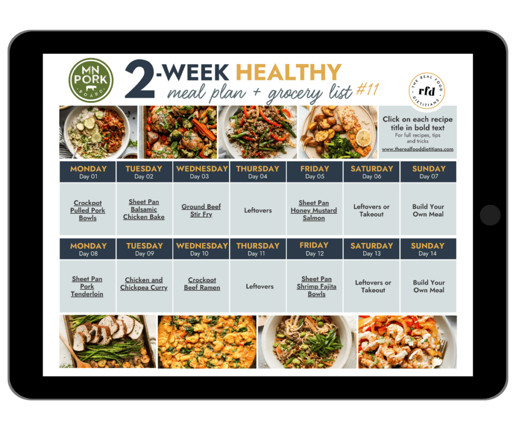 Calendar view of a 2 Week Healthy Meal Plan with photos of recipes on the top and bottom