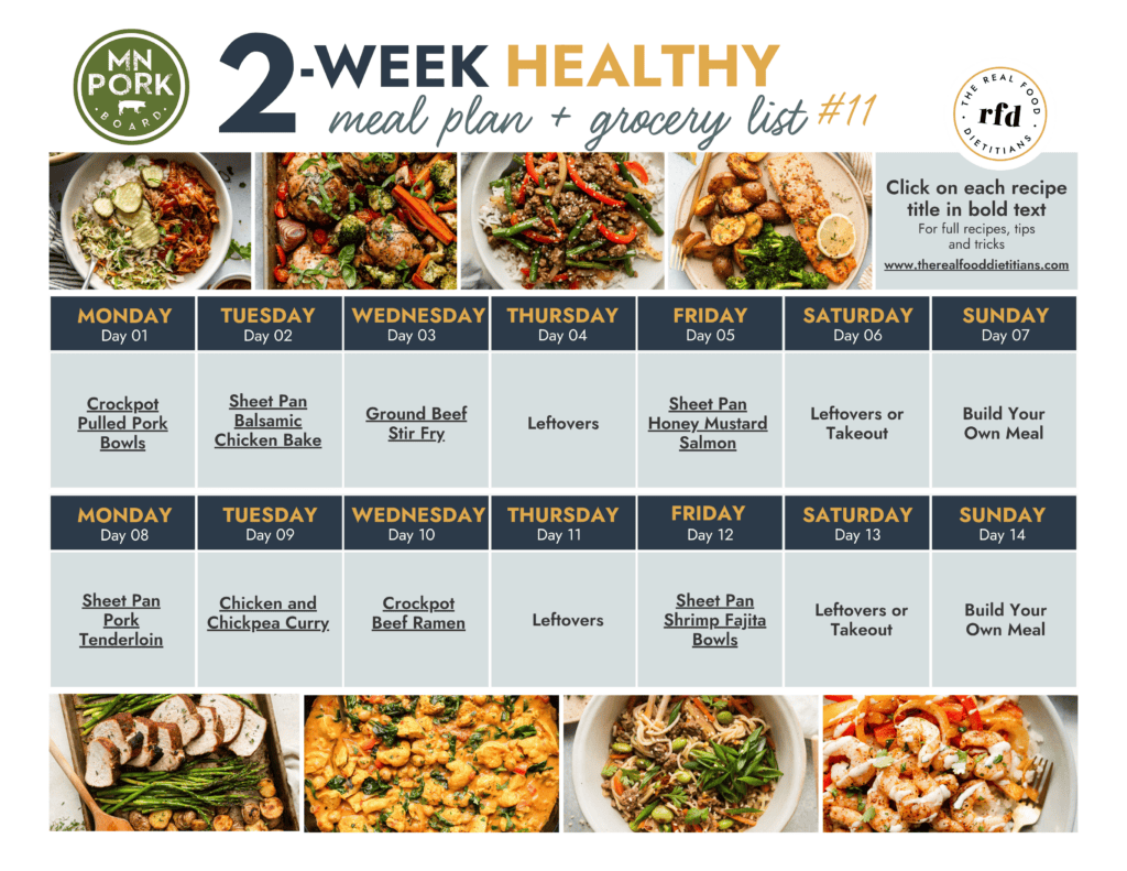 Calendar view of a 2 Week Healthy Meal Plan #11 With Grocery List and photos of recipes on the top and bottom 