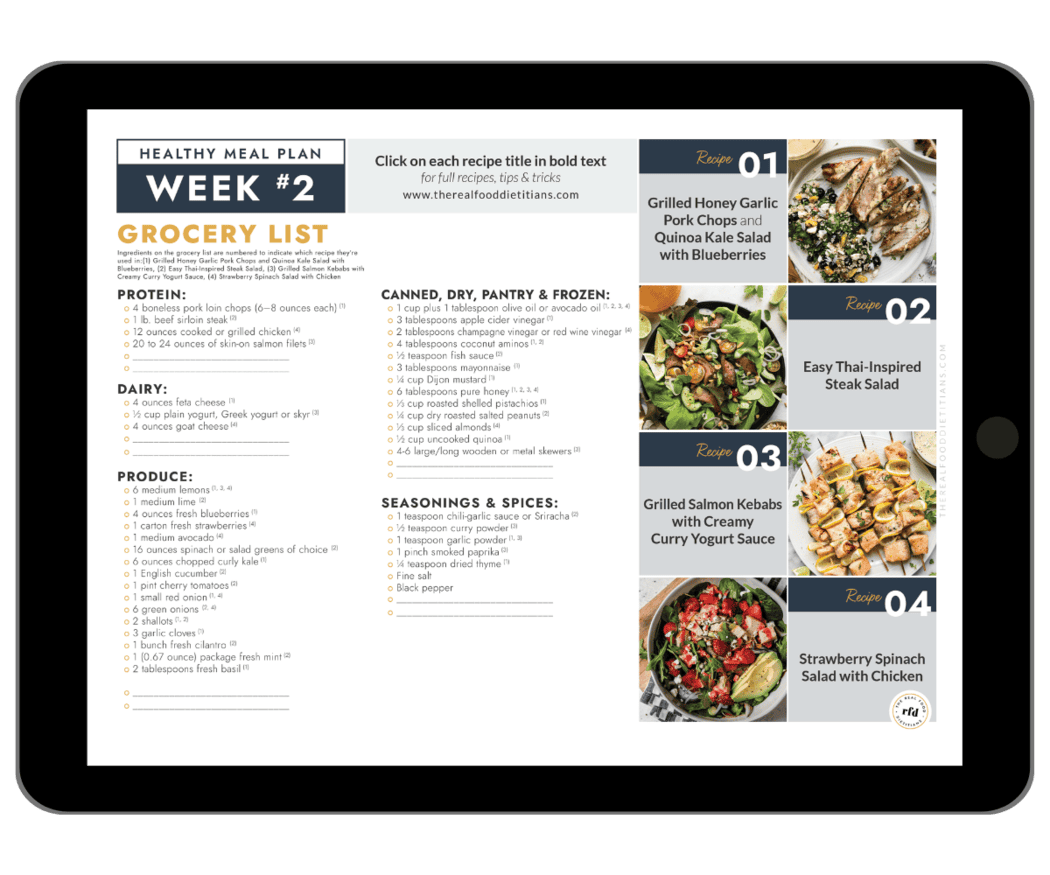 A grocery list for week 2 of a 4-week meal plan including photos of recipes.