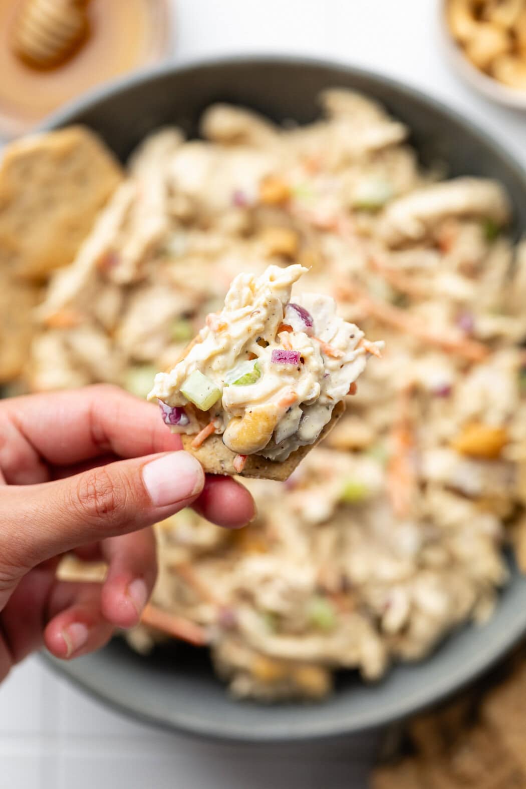 Close up view of a hand holding a cracker dipped with Honey Mustard Chicken Salad on top to show crunchy texture and creamy consistency.