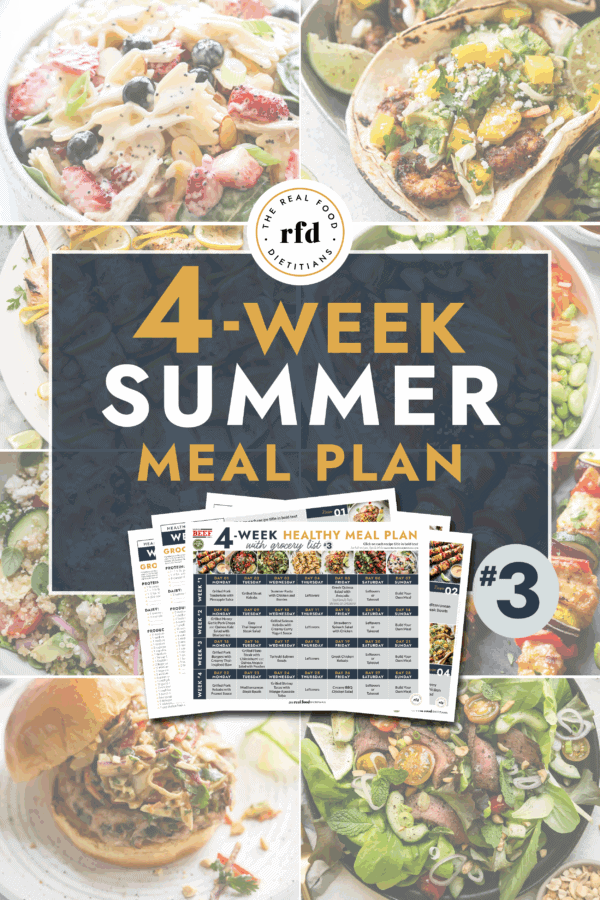 Image with overview of recipes and weekly menus included in the 4-week summer meal plan.