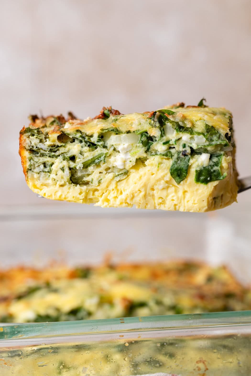 Side view of a square piece of Cottage Cheese Egg Bake being scooped out from the baking dish. 