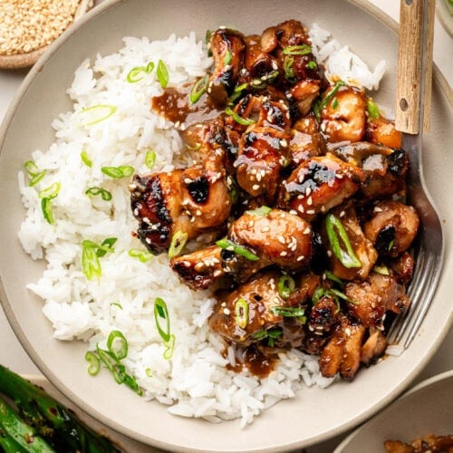 Overhead view of a plate of Grilled Korean BBQ Chicken with white rice topped with green onions and sesame seeds.