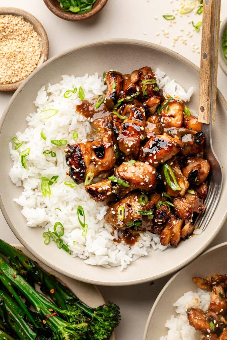 Overhead view of a plate of Grilled Korean BBQ Chicken with white rice topped with green onions and sesame seeds.
