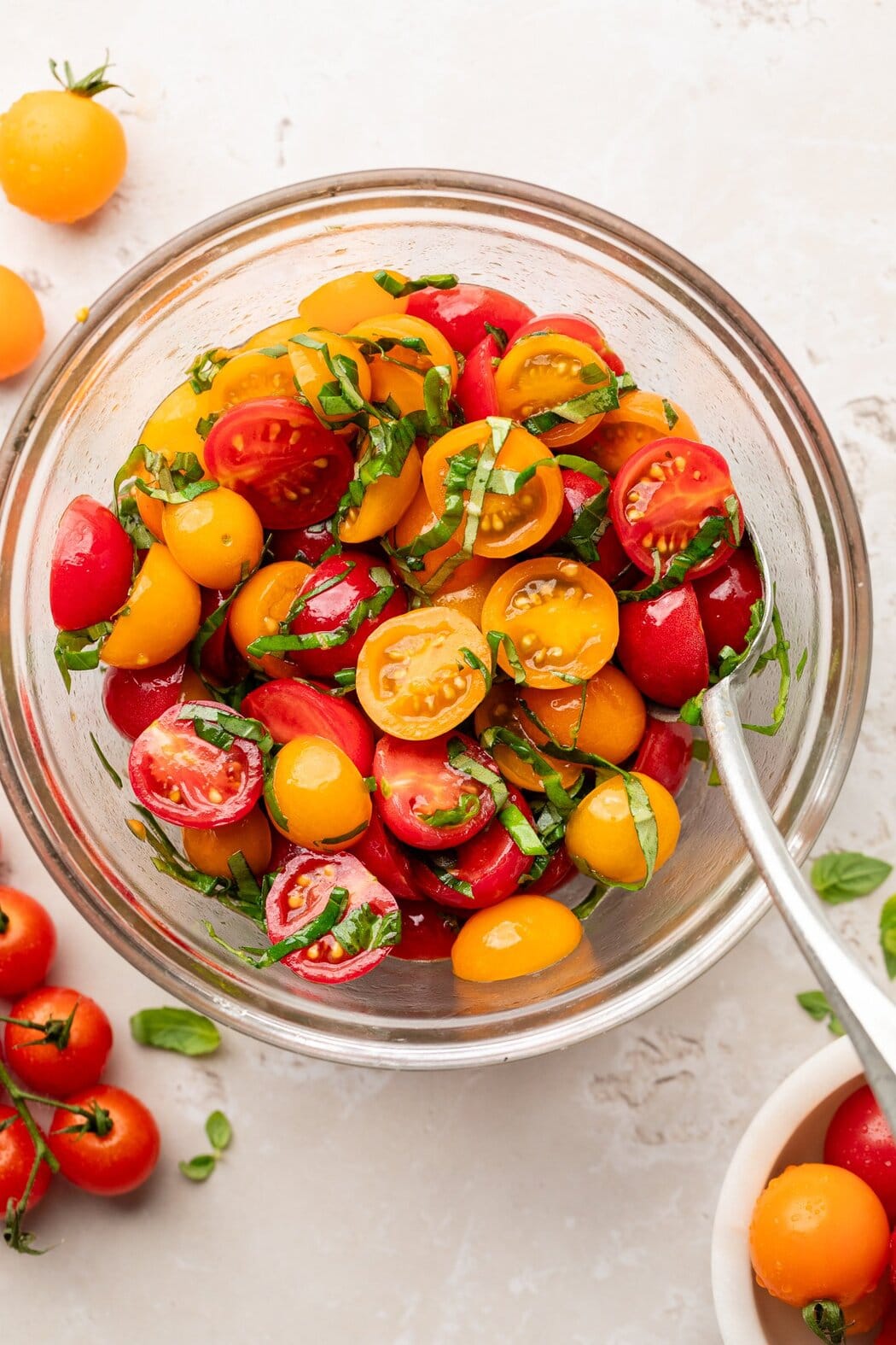 Overhead view of a bowl of colorful sliced cherry tomatoes with fresh basil. 