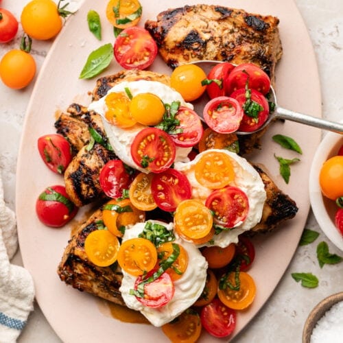 Overhead view of a platter of Grilled Chicken Caprese with Burrata topped with colorful tomatoes and fresh basil.