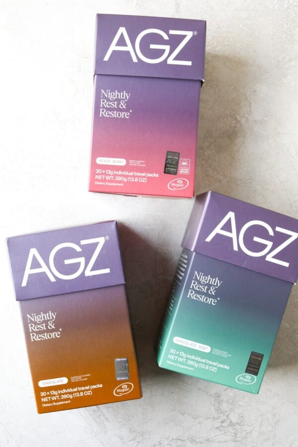Overhead view of a variety of boxes of AGZ nighttime drink mix.