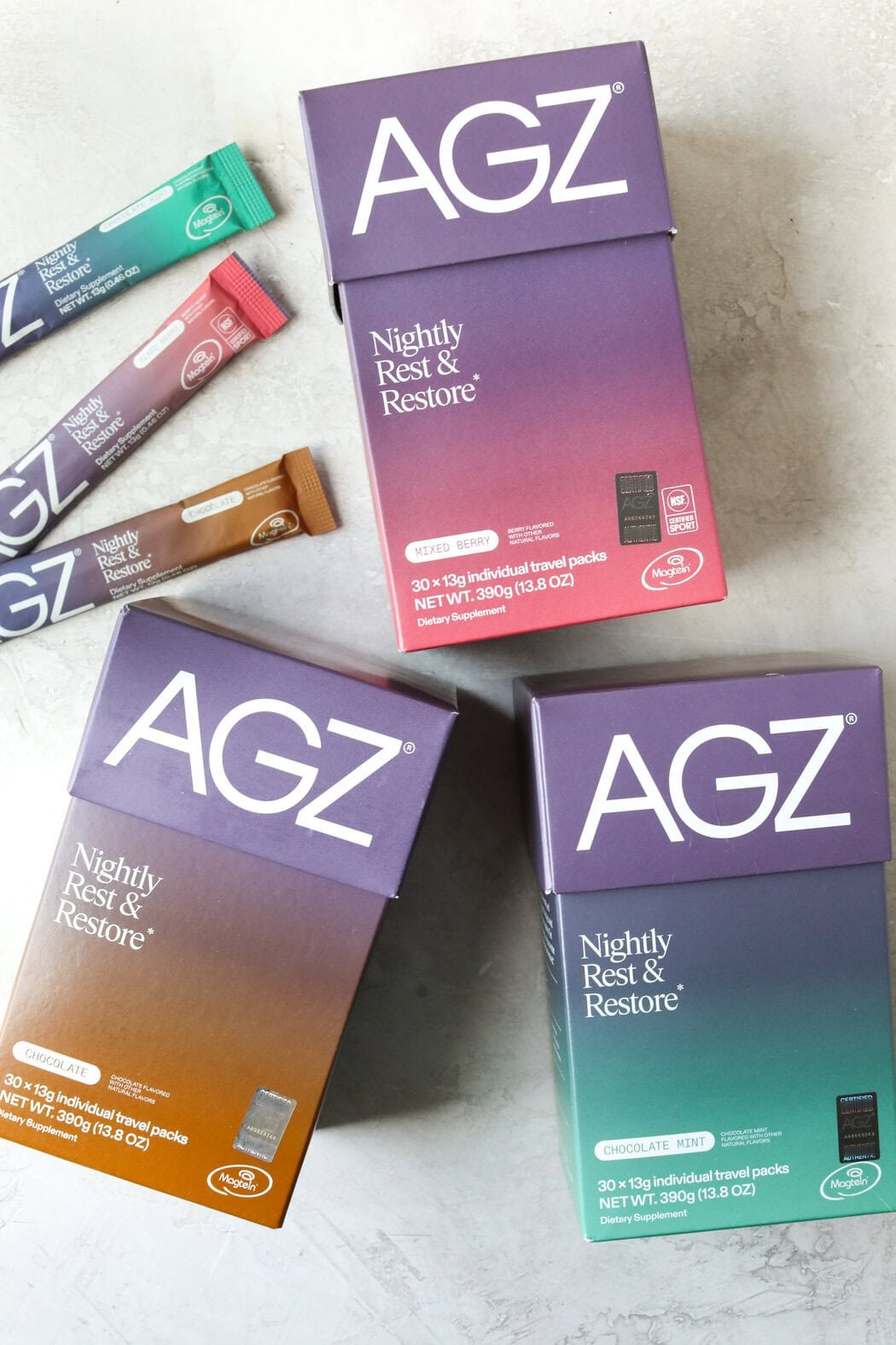 Overhead view of a variety of AGZ packets and boxes for nightly rest and restore. 