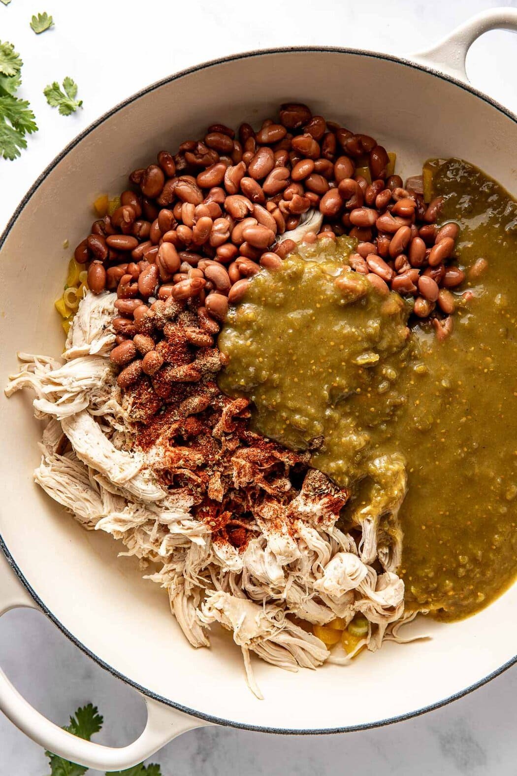 Overhead view of a skillet filled with shredded chicken, pinto beans, and green chili sauce. 