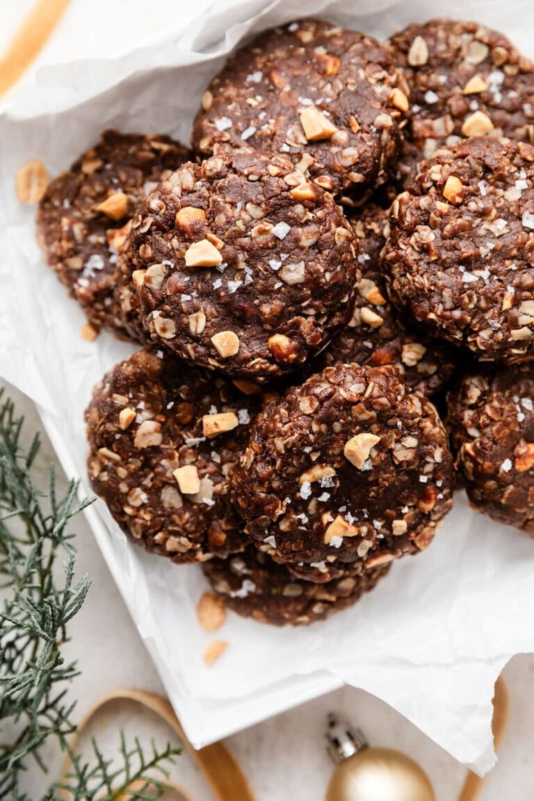 Overhead view of a plate of No Bake Cookies topped with flakey sea salt.