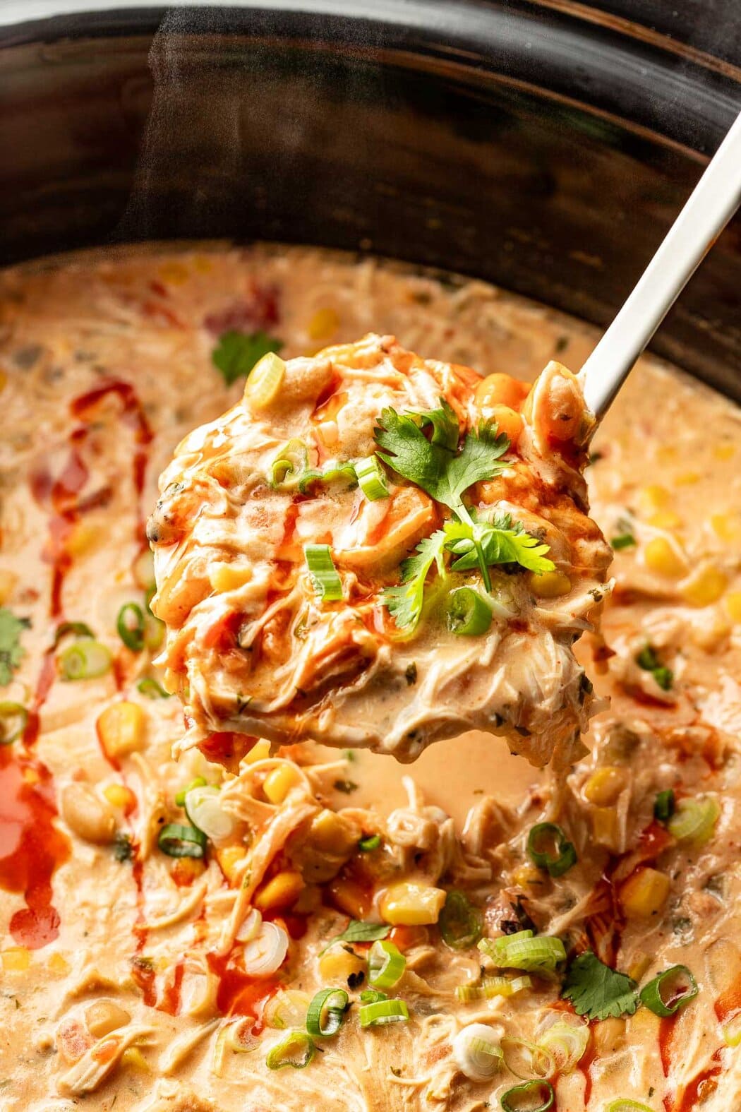 Close up view of a ladle bringing up a scoop of Buffalo Chicken Chili topped with fresh cilantro.