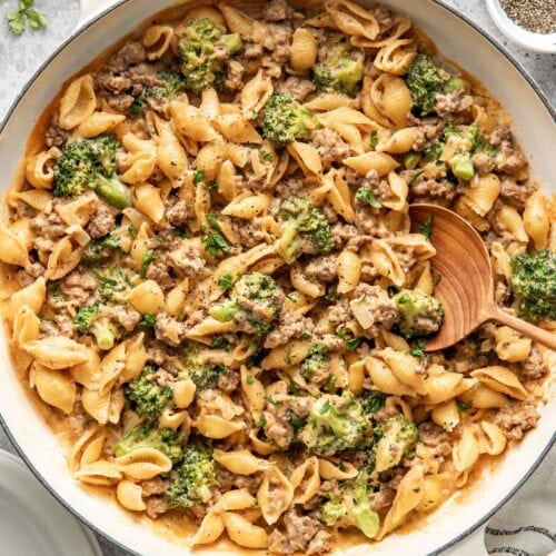 Overhead view of a skillet filled with Homemade Hamburger Helper topped with black pepper.