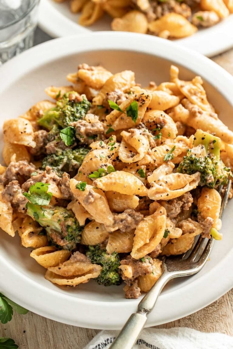 A bowl of homemade Hamburger Helper, a fork sticking out.