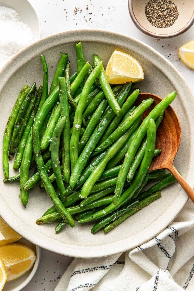 Overhead view of a bowl of Sautéed Green Beans.