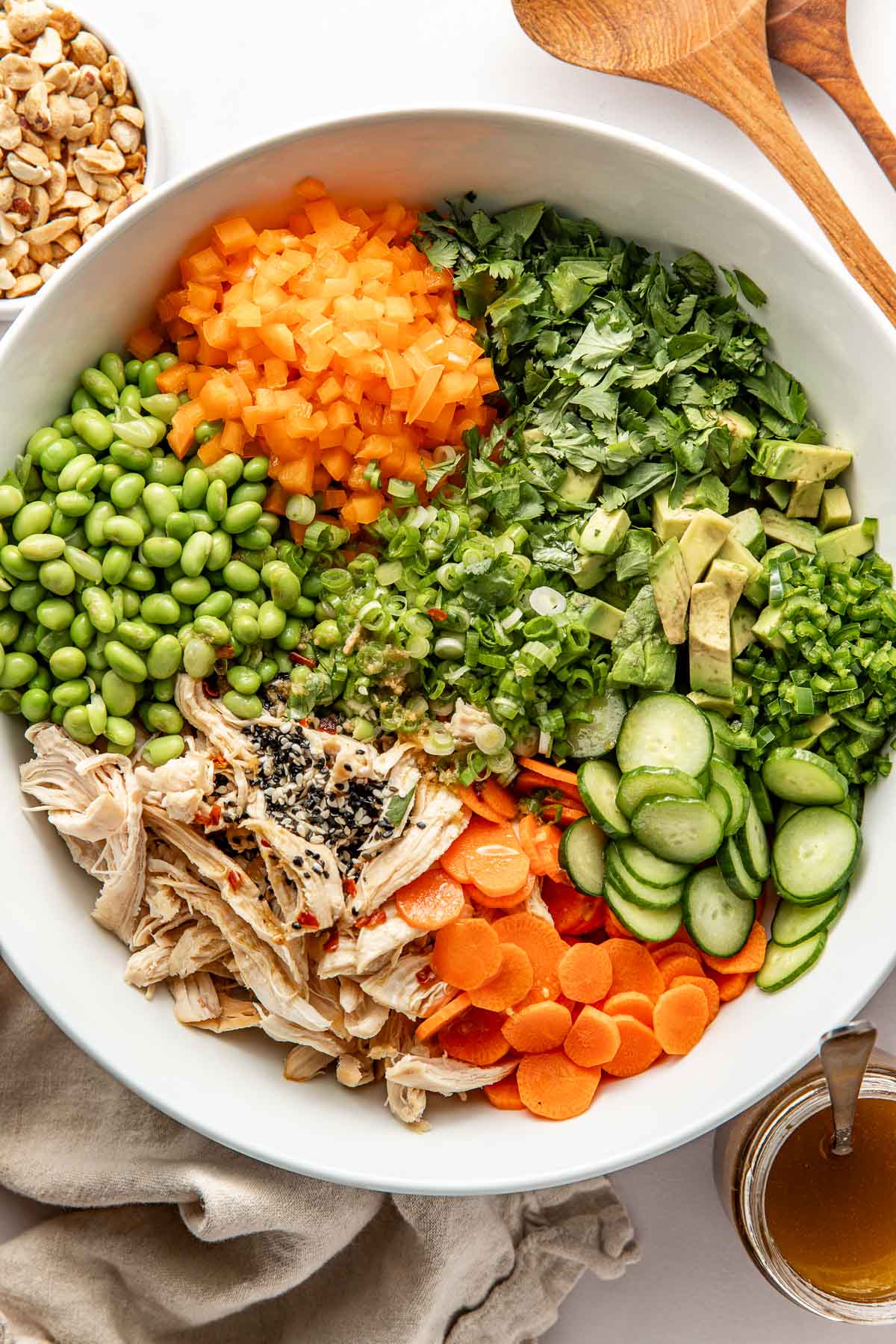 Overhead view of a bowl of colorful Thai Chicken Salad ingredients in sections, ready to be stirred.