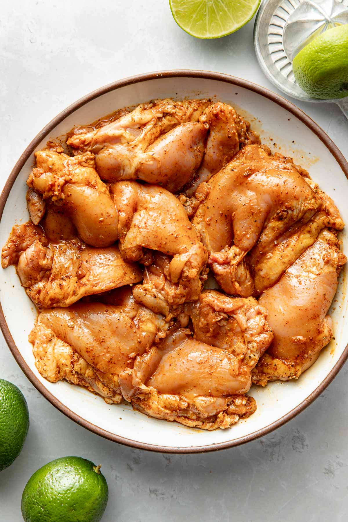 Overhead view of a bowl of seasoned chicken thighs ready for cooking.