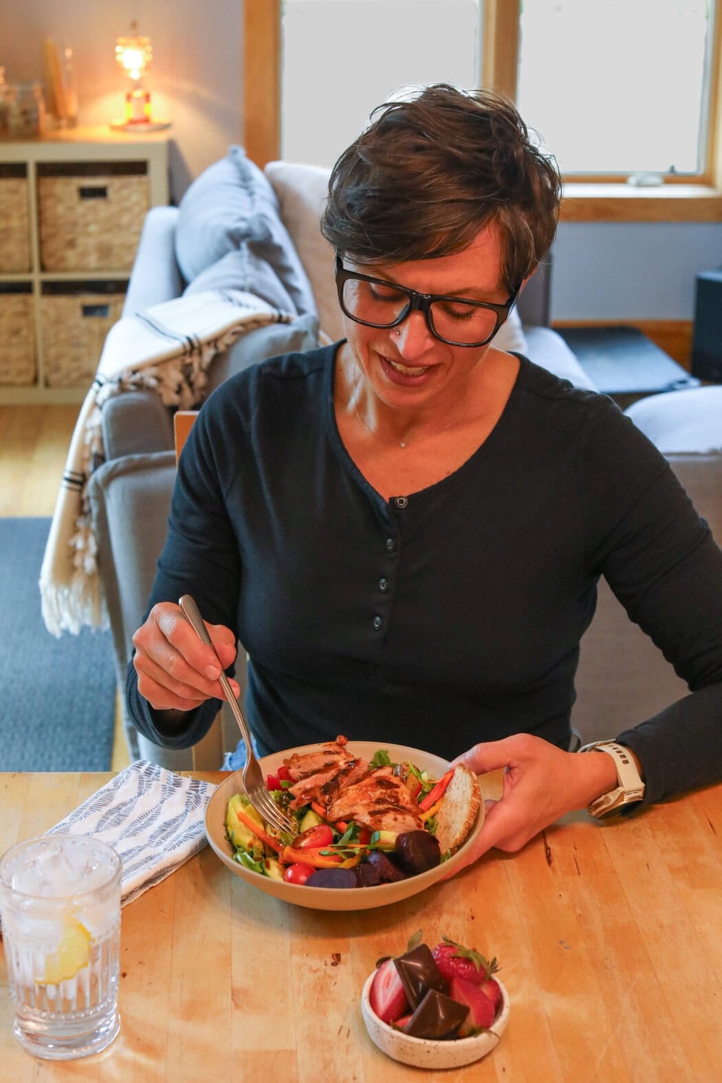 Jessica Beacom eating a bowl of food.