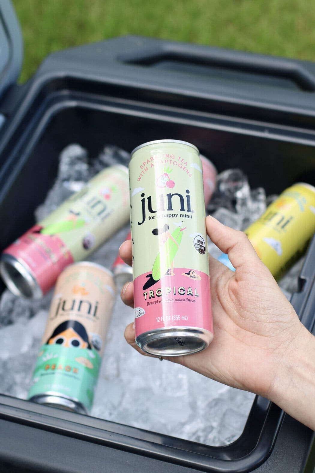 Overhead view of a hand holding a canned juni mocktail over a cooler filled with ice.