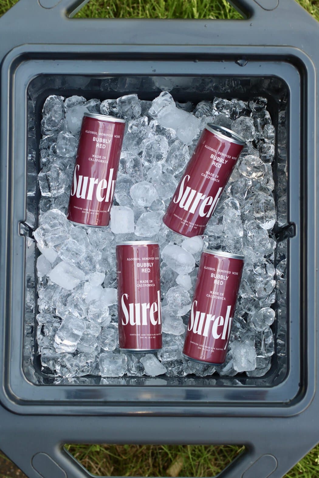 Overhead view of a cooler filled with ice and canned surley wines.