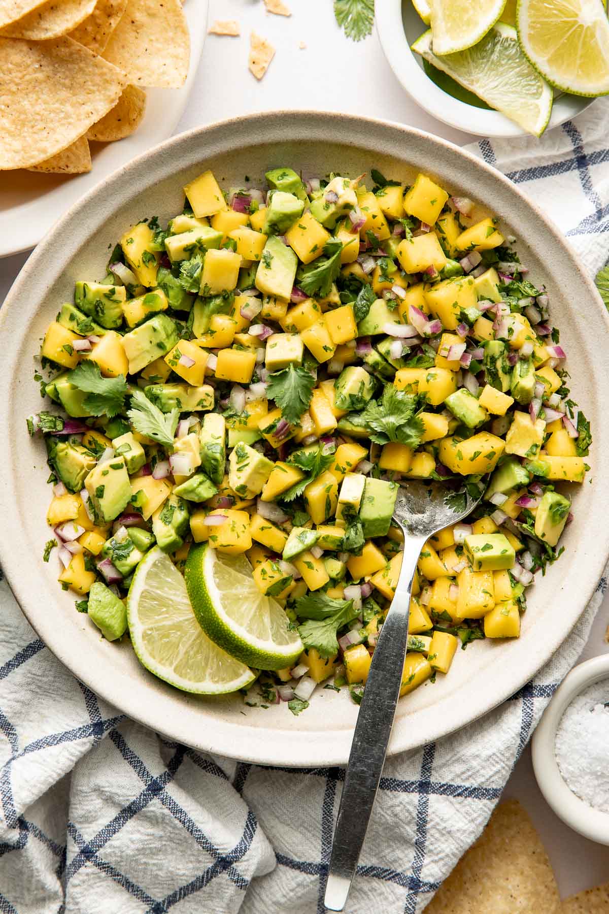 Overhead view of a white bowl of Mango Salsa topped with fresh cilantro and garnished with sliced limes.