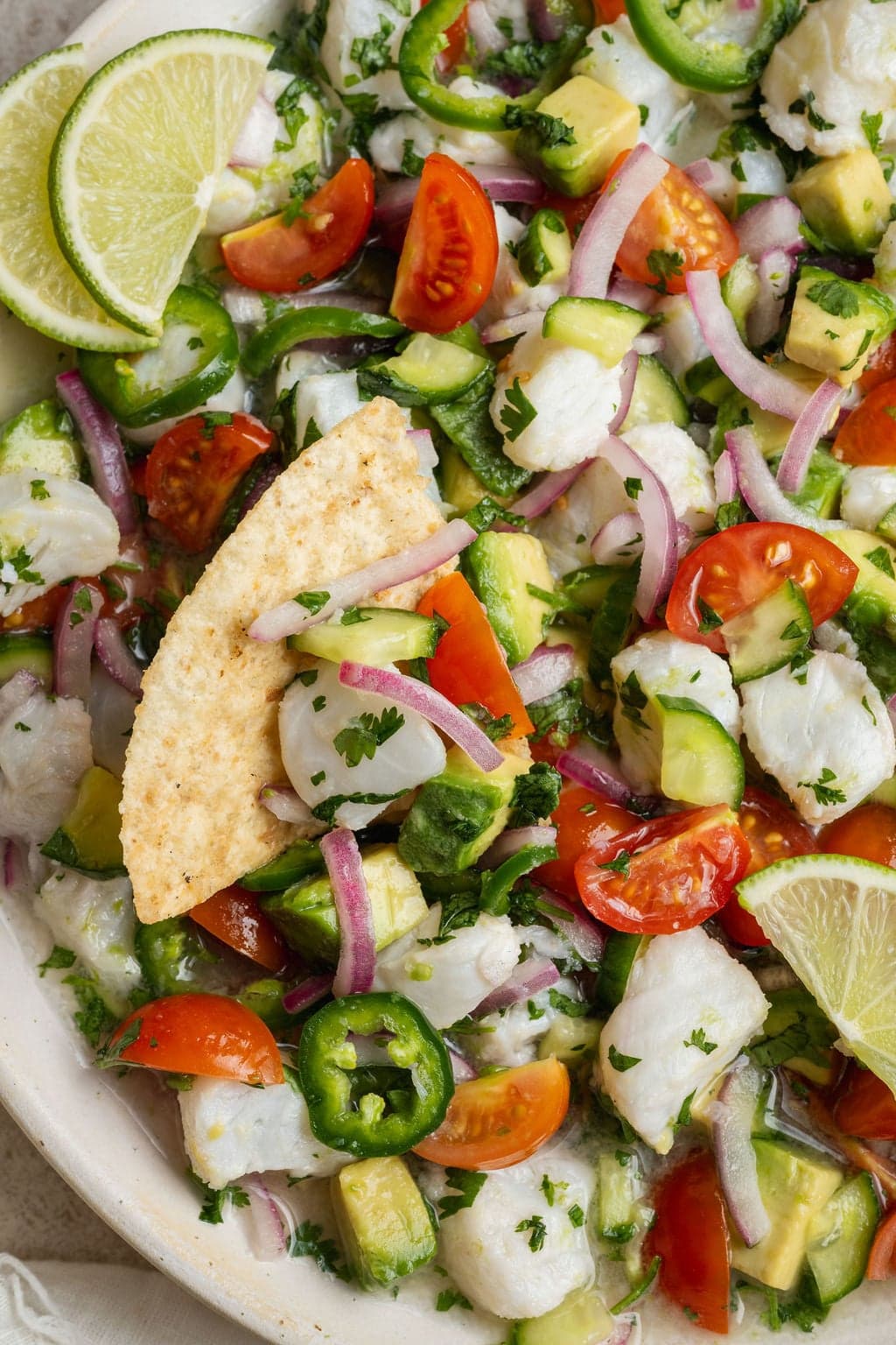 Close up view of a tortilla chip in a bowl of Ceviche topped with fresh cilantro. 