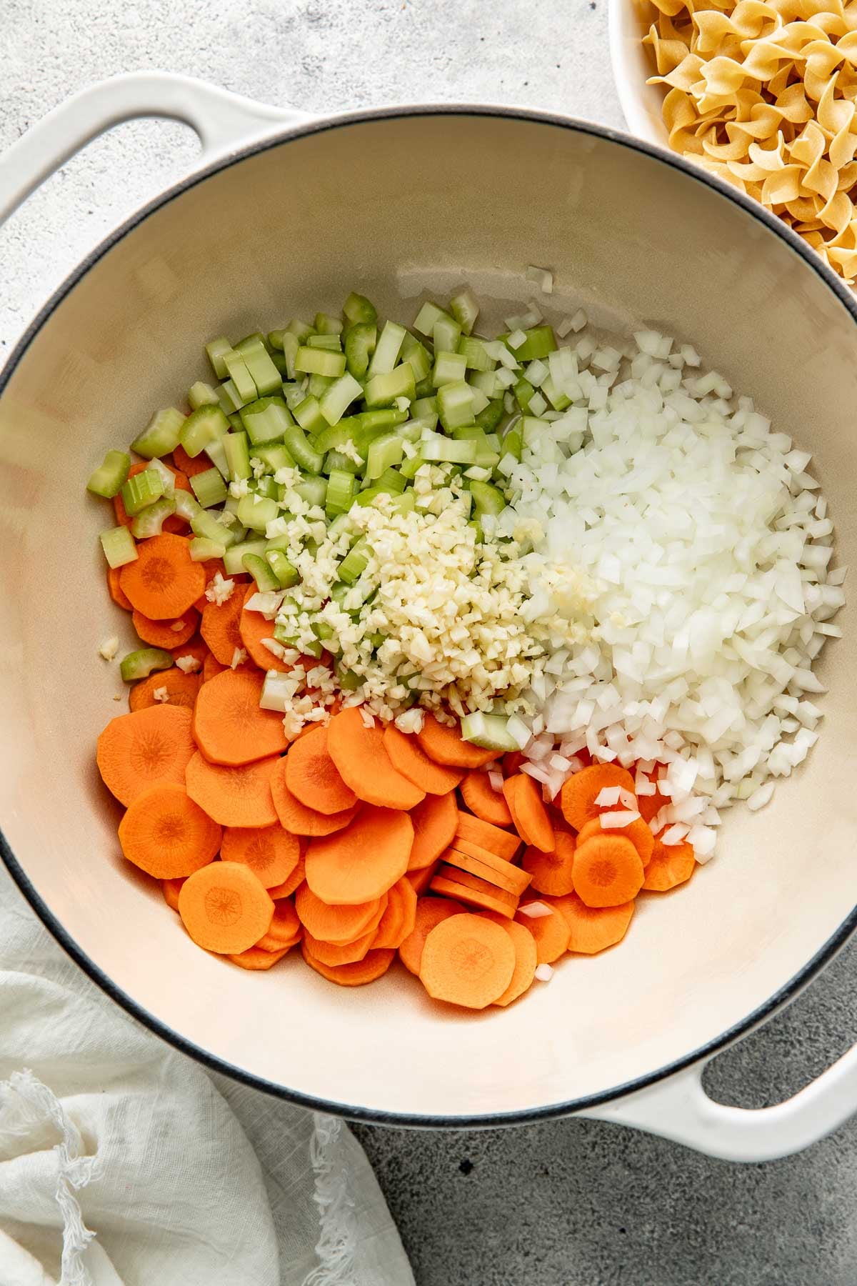 Carrots, celery, white onion, and garlic in a large pot.