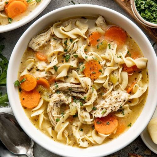 A bowl of homemade chicken noodle soup.