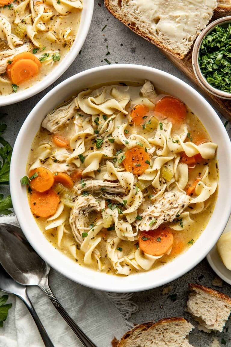 A bowl of chicken noodle soup.