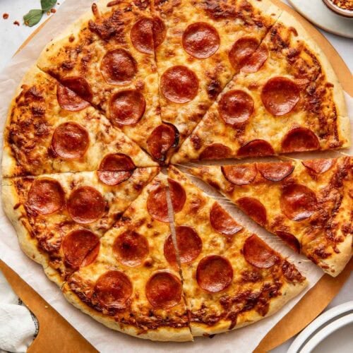 A pepperoni pizza made with homemade pizza dough.