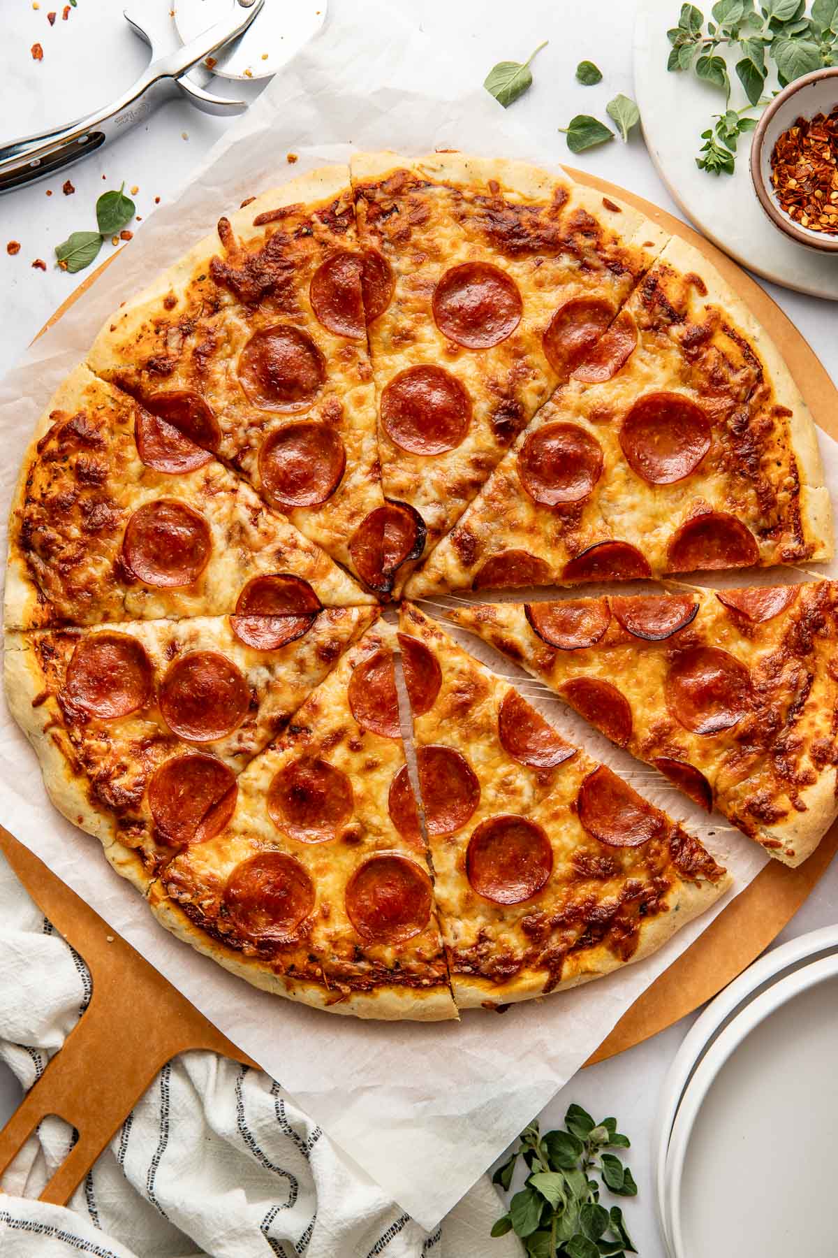 A pepperoni pizza made with homemade pizza dough.