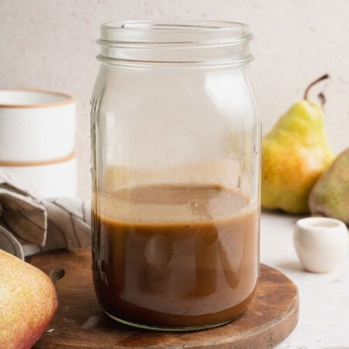 A jar of creamy homemade balsamic vinaigrette.