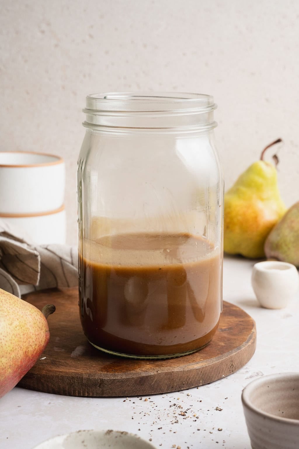 A jar of creamy homemade balsamic vinaigrette.