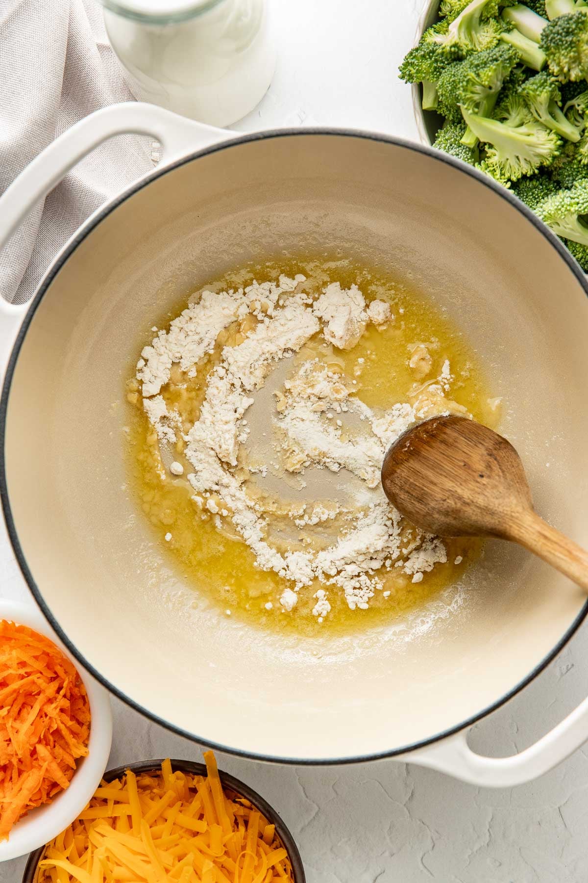 Flour and butter being combined to make a roux in a stock pot.