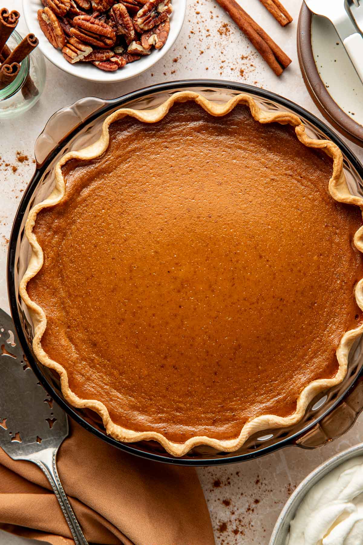A baked pumpkin pie.